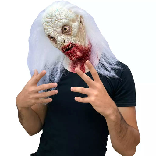 Máscara de látex Drácula Dead con pelo blanco largo y sangre en el cuello (vista 2)
