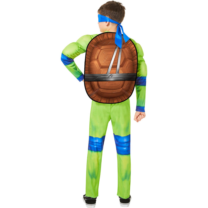 Espalda del disfraz de Leonardo Tortugas Ninja para niño, enterito verde con caparazón y antifaz azul