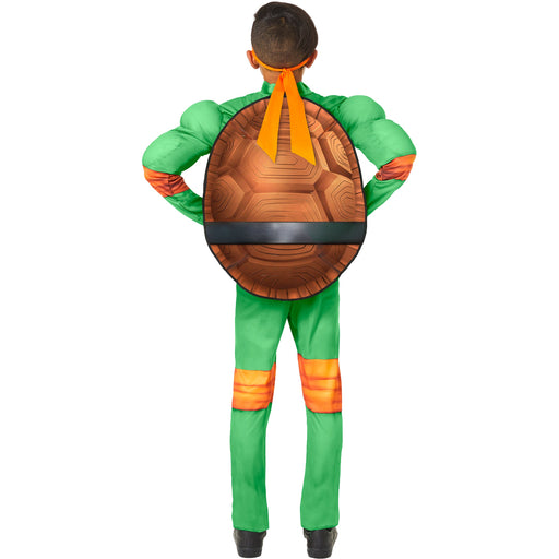 Espalda del disfraz de Michelangelo Tortugas Ninja para niño, enterito verde con caparazón y antifaz naranjo