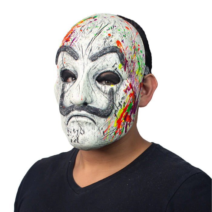 Máscara facial de látex blanca con bigote y salpicaduras de pintura neón (vista 2)