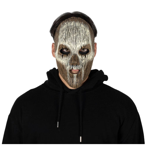 Máscara facial de látex vudú con textura de madera y rostro de calavera (vista 2)