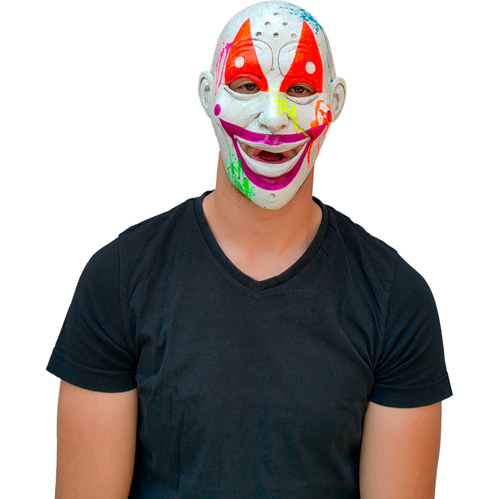 Máscara de látex de payaso blanco con marcas rojas y detalles neón (vista 3)