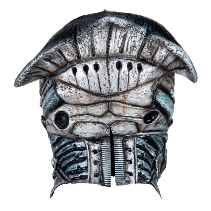 Máscara de látex Necro Sentinel con cuello, calavera biomecánica gris (vista 3)