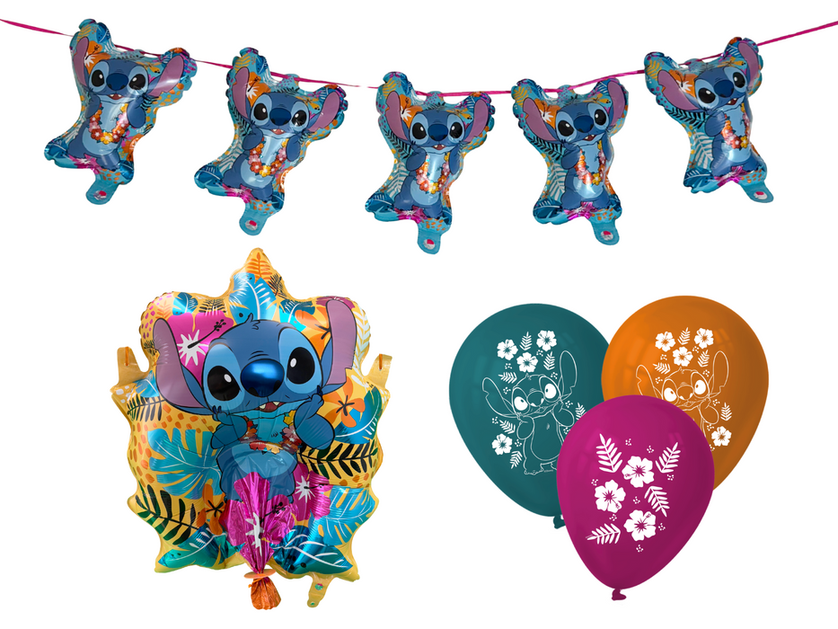 Pack Cumpleaños Stitch - Banderín, Piñata y Globos