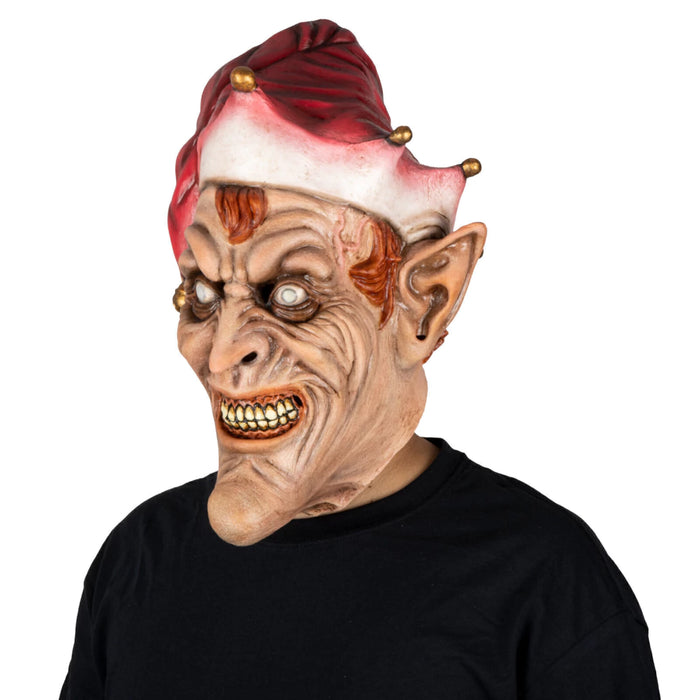 Máscara de látex de duende navideño malvado con gorro rojo y orejas puntiagudas (vista 2)