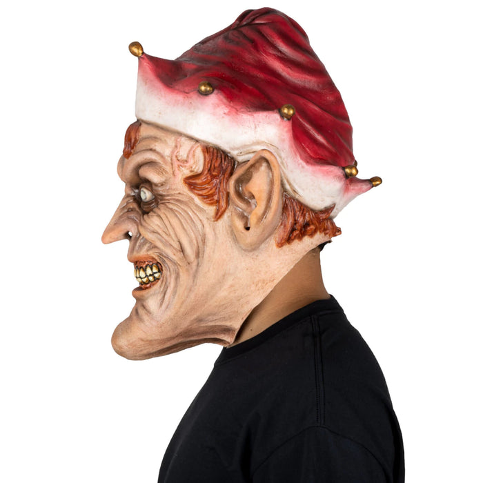 Máscara de látex de duende navideño malvado con gorro rojo y orejas puntiagudas (vista 3)