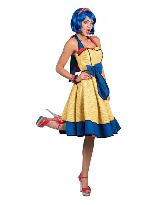 Disfraz pop art para mujer, vestido amarillo con borde azul y lazo azul en la cintura