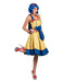 Disfraz pop art para mujer, vestido amarillo con borde azul y lazo azul en la cintura