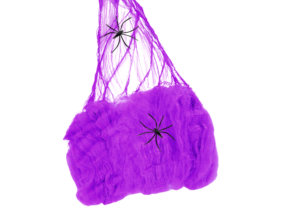 Tela araña de Halloween 20 grs. color morado con arañas incluidas
