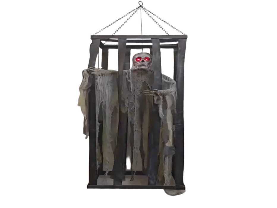 Animatronic Esqueleto Gris Animado En Jaula 200 Cm