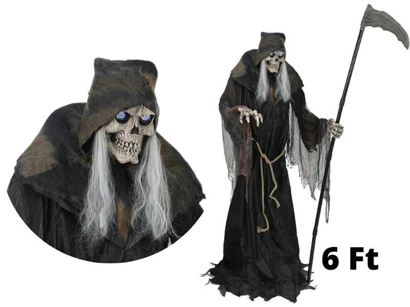 Animatronic La Muerte de 182 cm con túnica negra, calavera de pelo gris y guadaña