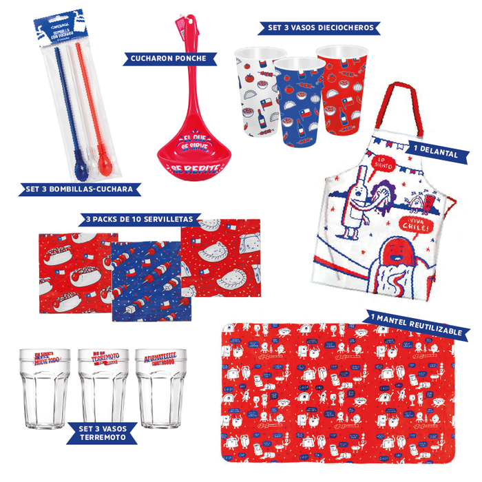 Pack dieciochero con mantel, delantal, vasos de terremoto, cucharón de ponche, cucharas bombilla y servilletas de Fiestas Patrias