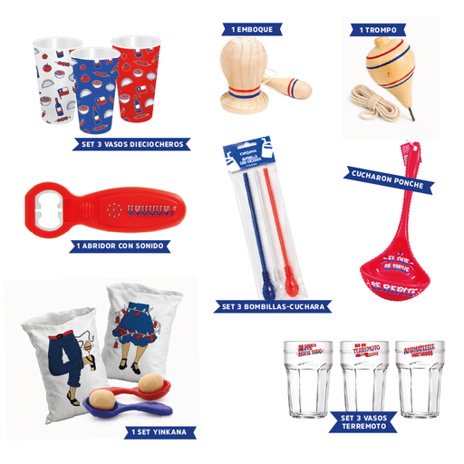 Pack dieciochero con yincana, trompo, emboque, vasos de terremoto, cucharón de ponche y abridor con sonido de Chile