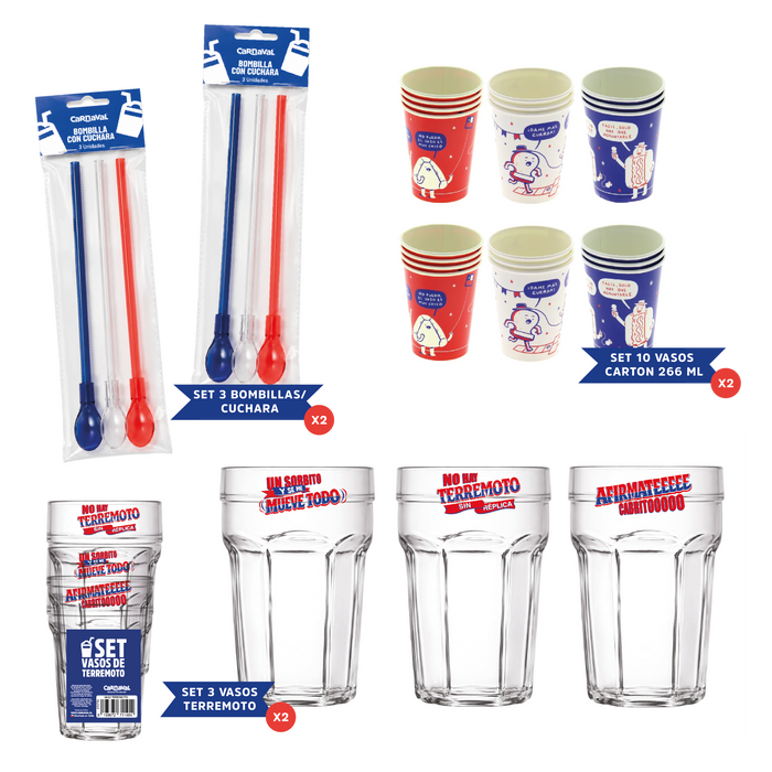 Pack Terremoto Fiestas Patrias | Vasos + Cucharas Bombilla