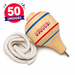 Pack 50 de Trompo dieciochero tricolor junto a una lienza enrollada, juego típico chileno de Fiestas Patrias