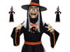 Animatronic bruja de 213 cm con vestido negro y naranjo, sombrero de bruja y varita con luz
