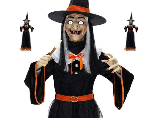 Animatronic bruja de 213 cm con vestido negro y naranjo, sombrero de bruja y varita con luz