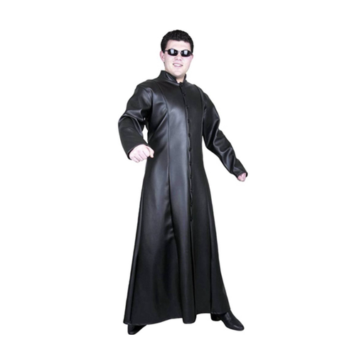 Abrigo largo negro de símil cuero para hombre, entallado, con cuello alto y botones al frente