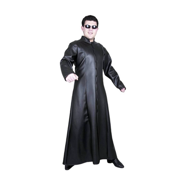 Abrigo largo negro de símil cuero para hombre, entallado, con cuello alto y botones al frente