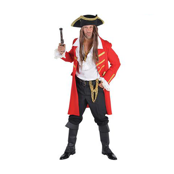 Hombre con abrigo de capitán pirata rojo