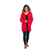 Abrigo rojo de Sabrina para mujer con cuello, botones rojos y bolsillos, usado sobre ropa negra
