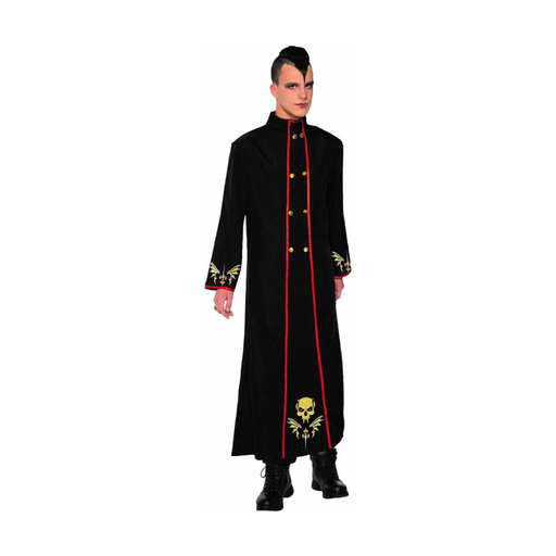 Hombre con abrigo largo negro de vampiro gótico con ribetes rojos