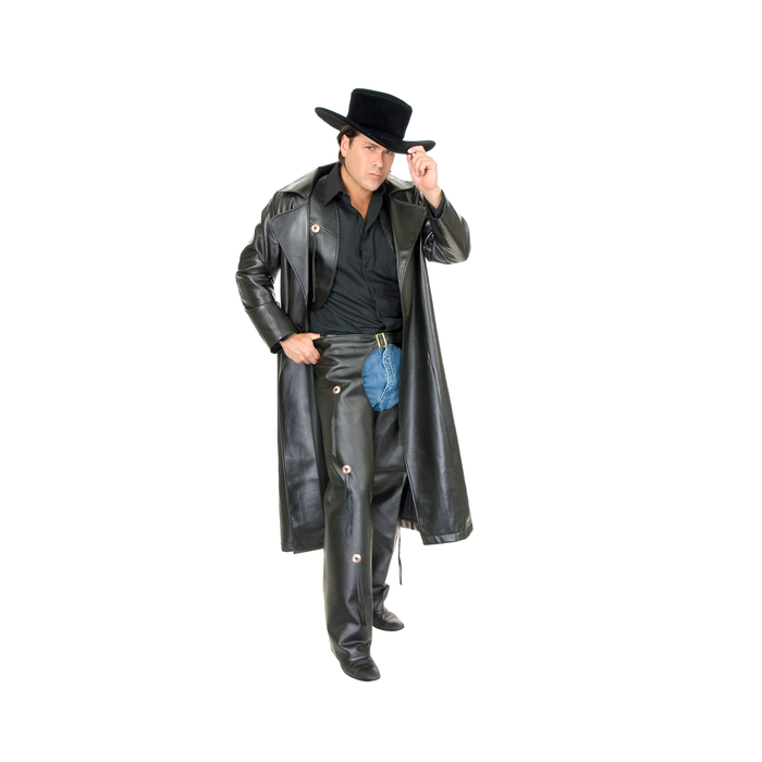 Hombre con abrigo largo de vaquero de cuerina negra y sombrero negro