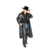 Hombre con abrigo largo de vaquero de cuerina negra y sombrero negro