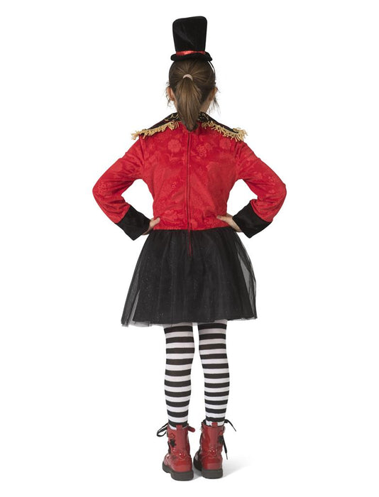 Disfraz de domadora de circo para niña, chaqueta roja con flecos dorados, falda de tul negra y mini sombrero de copa