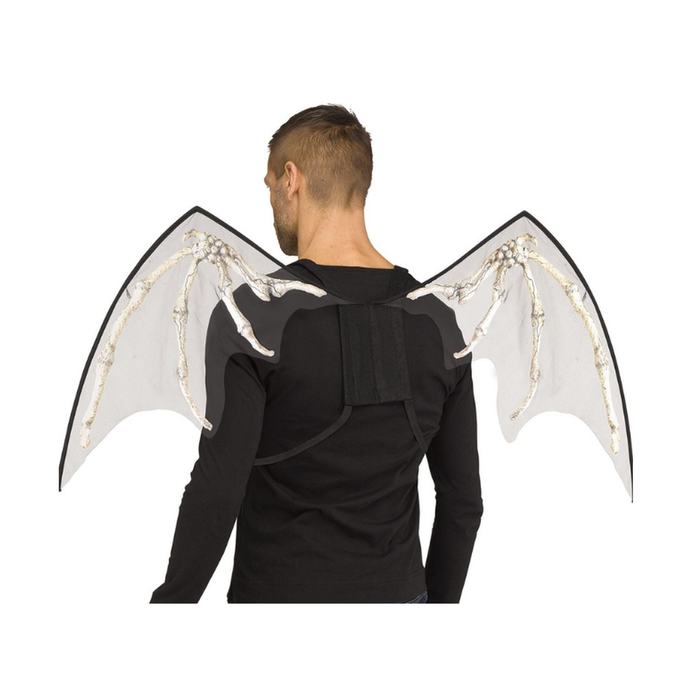 Alas de Halloween blancas con estampado de huesos y tirantes negros, puestas en la espalda