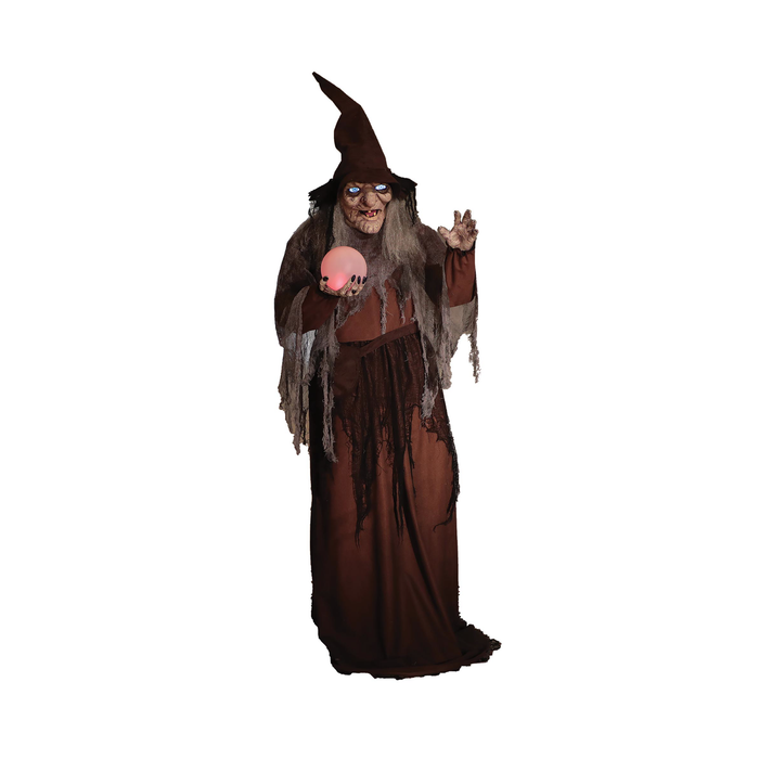 Animatronic bruja adivina de 172 cm con túnica café, sombrero y bola de cristal rosada