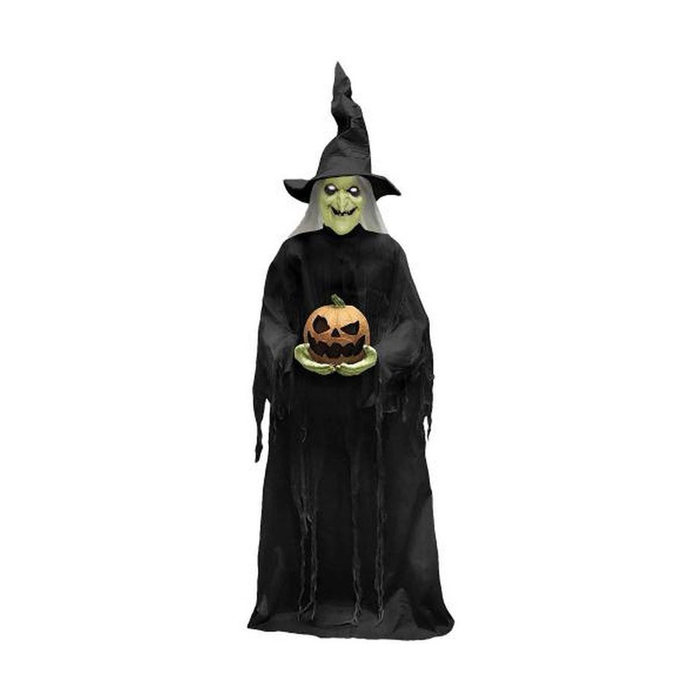Animatronic bruja de 213 cm con túnica negra sosteniendo una calabaza