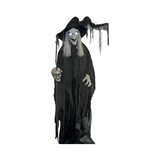 Animatronic de bruja para Halloween con ojos iluminados, sombrero negro, túnica de gasa y calavera en la mano