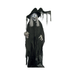 Animatronic de bruja para Halloween con ojos iluminados, sombrero negro, túnica de gasa y calavera en la mano