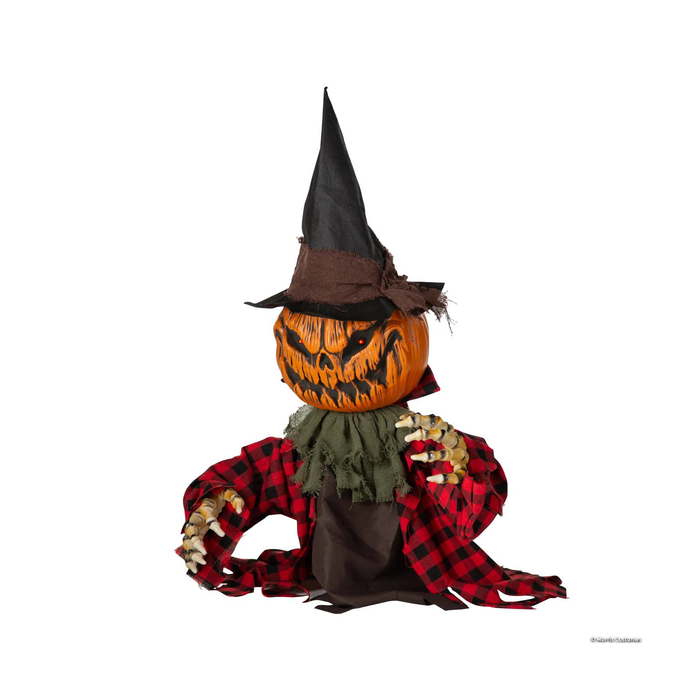 Animatronic hombre calabaza de 61 cm con sombrero puntiagudo y camisa a cuadros rojos