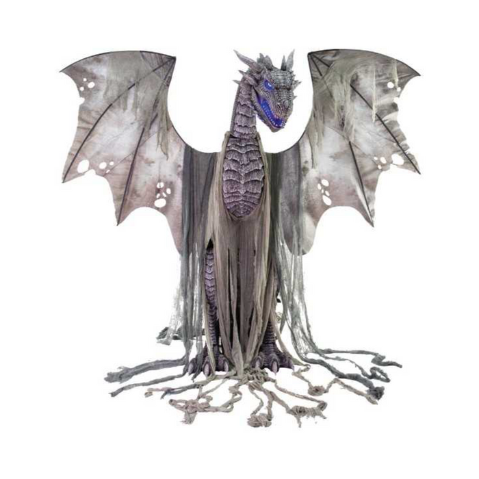 Animatronic dragón gris de 213 cm con la cabeza girada y las alas extendidas