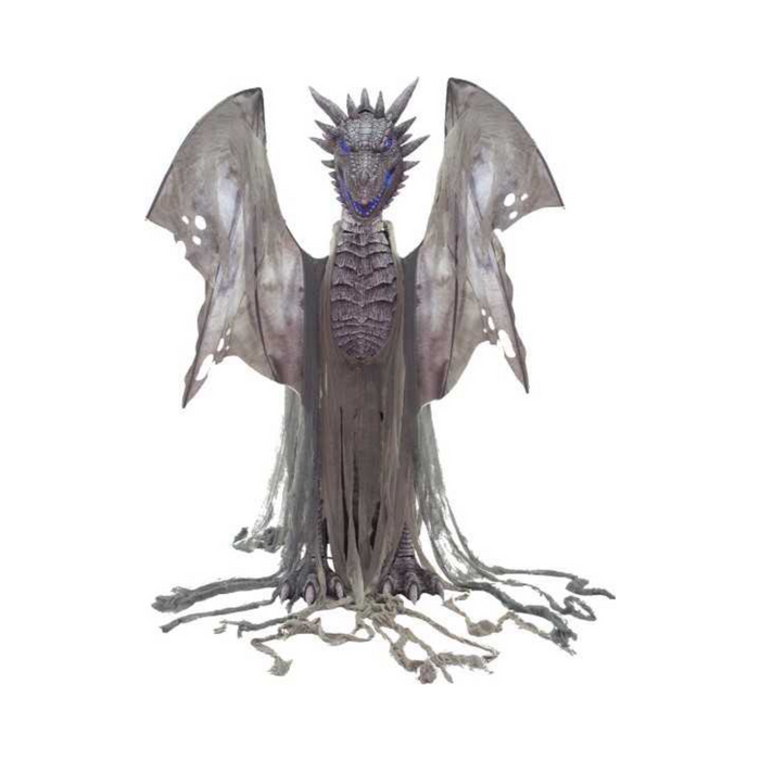 Animatronic dragón gris de 213 cm con alas de tela abiertas y ojos azules, vista frontal