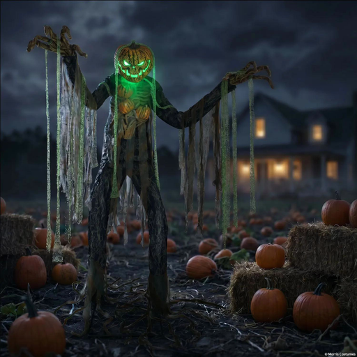 Espantapájaros cabeza de calabaza con luz verde en un maizal en una escena de Halloween