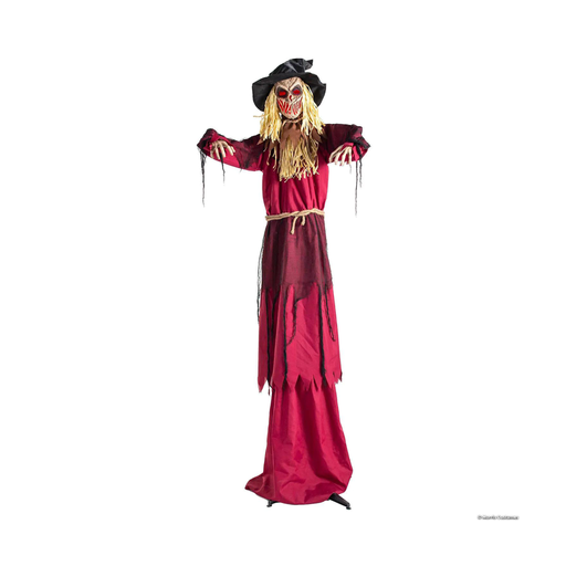 Animatronic espantapájaros de 240 cm con sombrero negro, pelo de paja y vestido granate