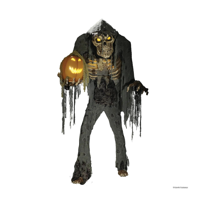 Animatronic esqueleto encorvado de 213 cm con ropa rasgada y calabaza iluminada