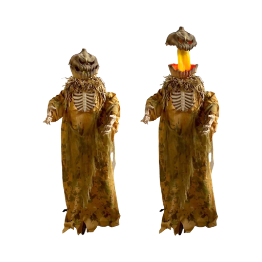 Animatronic hombre calabaza con torso de esqueleto y túnica rasgada, en dos vistas