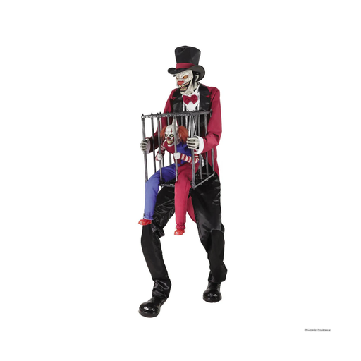 Animatronic maestro de ceremonias de 213 cm con sombrero de copa y payaso en jaula