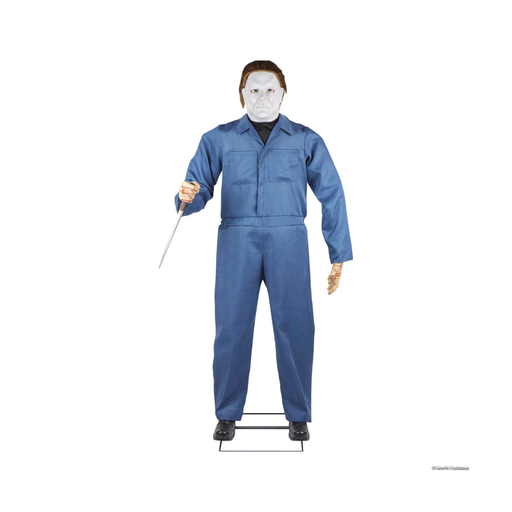 Animatronic Michael Myers de 180 cm con overol azul, máscara blanca y cuchillo