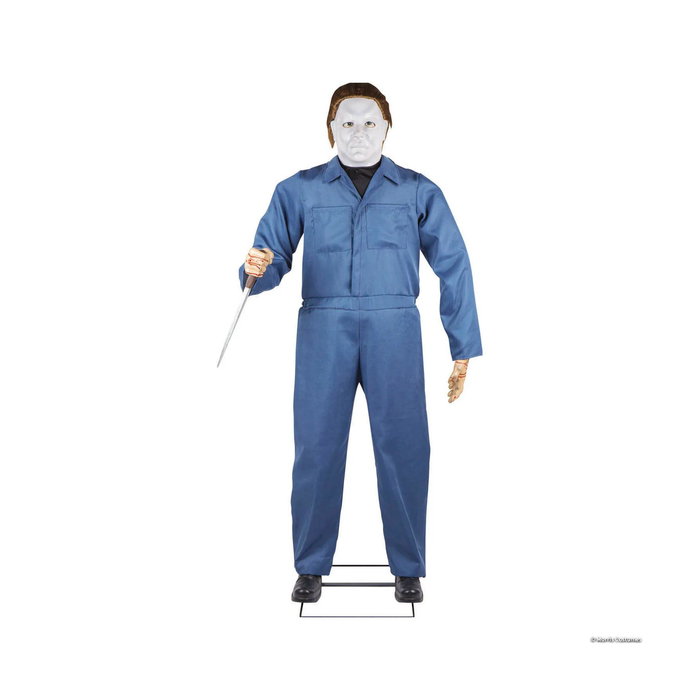 Animatronic Michael Myers de 180 cm con overol azul, máscara blanca y cuchillo