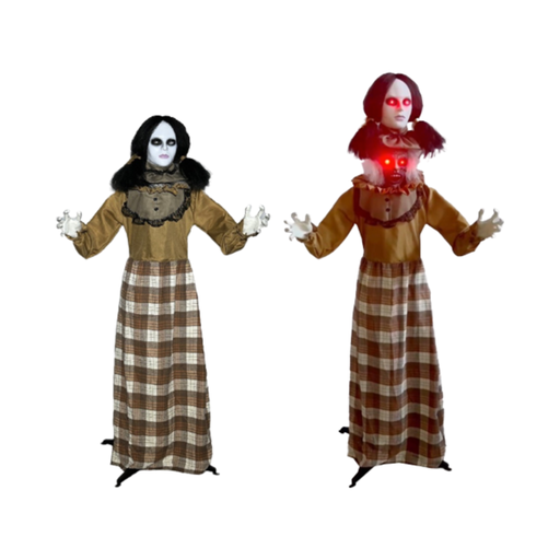 Animatronic mujer con vestido a cuadros y cabeza animada, en dos vistas