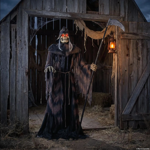 Animatronic parca con guadaña en la puerta de un granero en una escena de Halloween