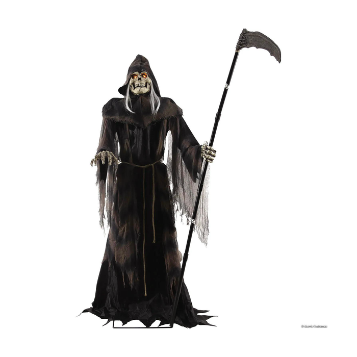 Animatronic parca encapuchada de 183 cm con calavera y guadaña