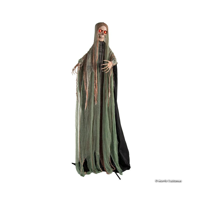 Animatronic parca esqueleto de 215 cm con túnica encapuchada rasgada negra y verde