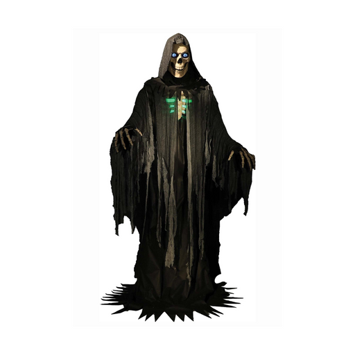 Animatronic parca gigante de 305 cm con túnica negra rasgada, ojos iluminados y pecho con luz verde