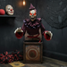 Payaso esqueleto en caja de circo en una habitación decorada para Halloween